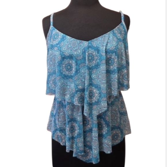 Vintage Other - Vintage Fairy Teal Mesh Tankini Top Beach House 14 Tiered Mandala Print